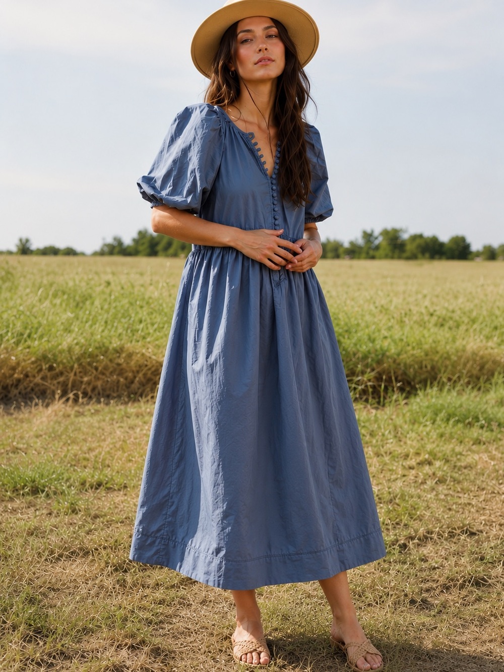 The Great Blue Puff Sleeve Midi Dress – Size 1 / Small